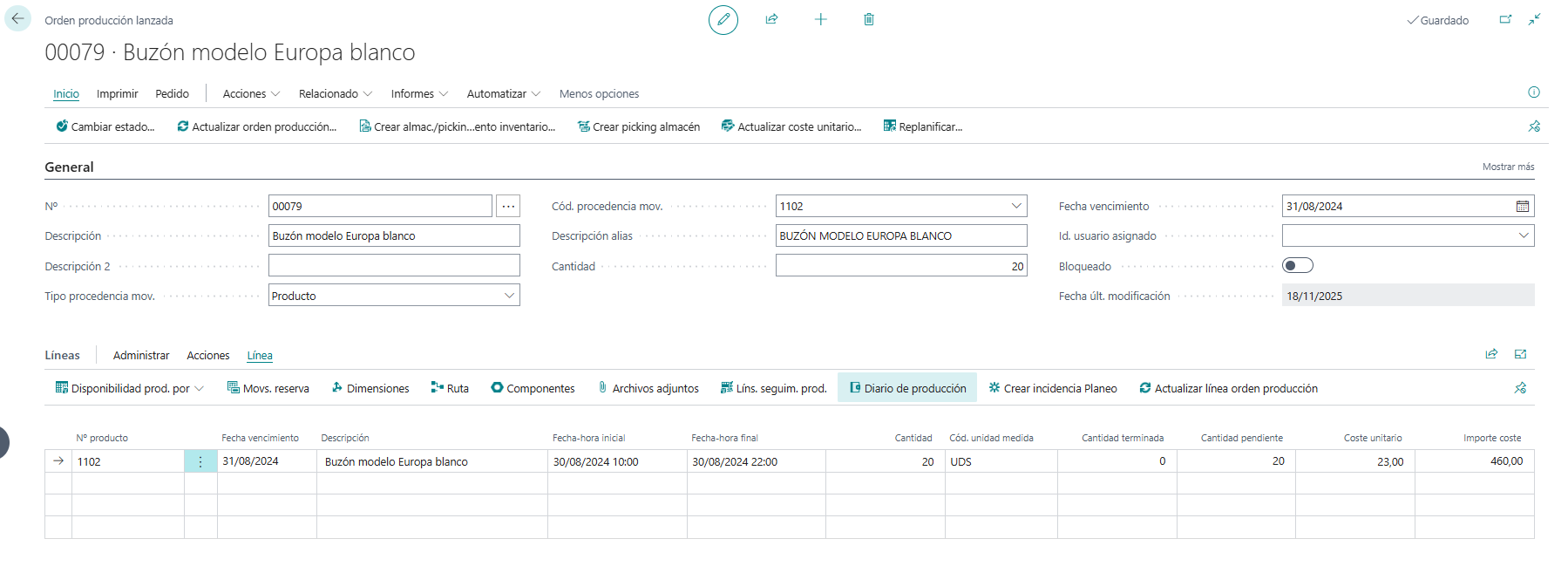 registro tiempos fabricacion Business Central Planeo 2