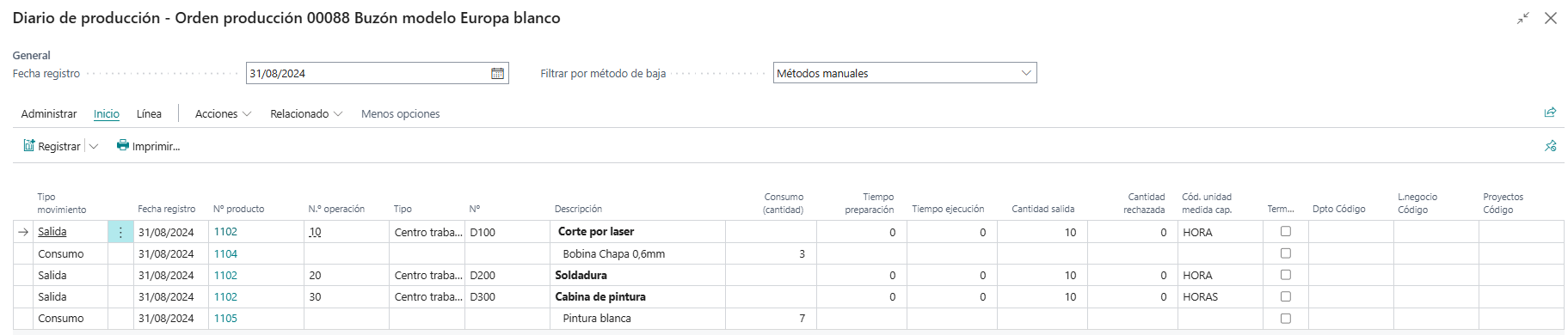 registro tiempos fabricacion Business Central Planeo 3