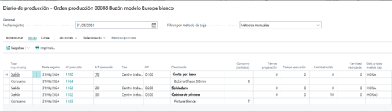 Diario produccion fabricacion Business Central