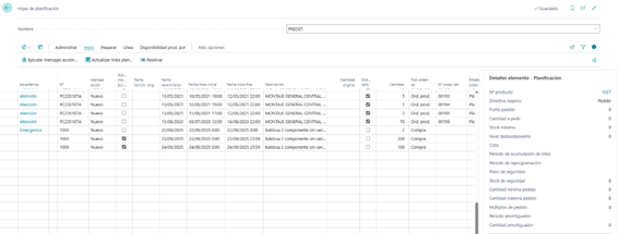Hoja planificacion fabricacion Business Central