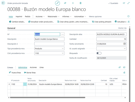 Orden produccion lanzada fabricacion Business Central