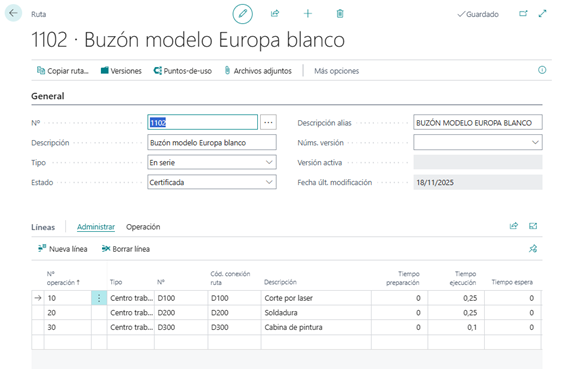 Ruta fabricacion Business Central